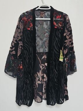Multiples Burnout Velvet Jacket Womens Sz L Black Flared Kimono Floral NWT